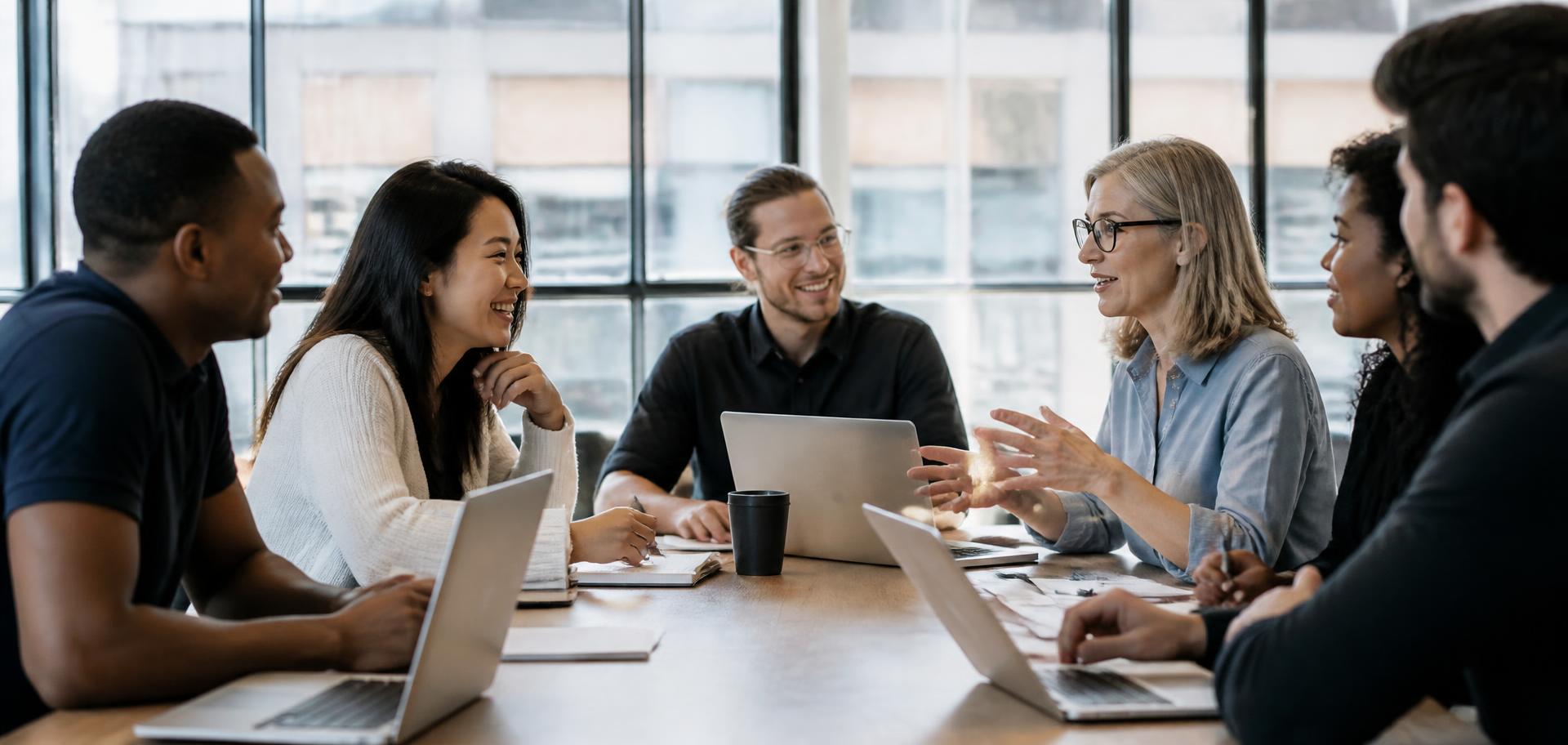 A diverse group of professionals and a mentor collaborating around a table in a bright office