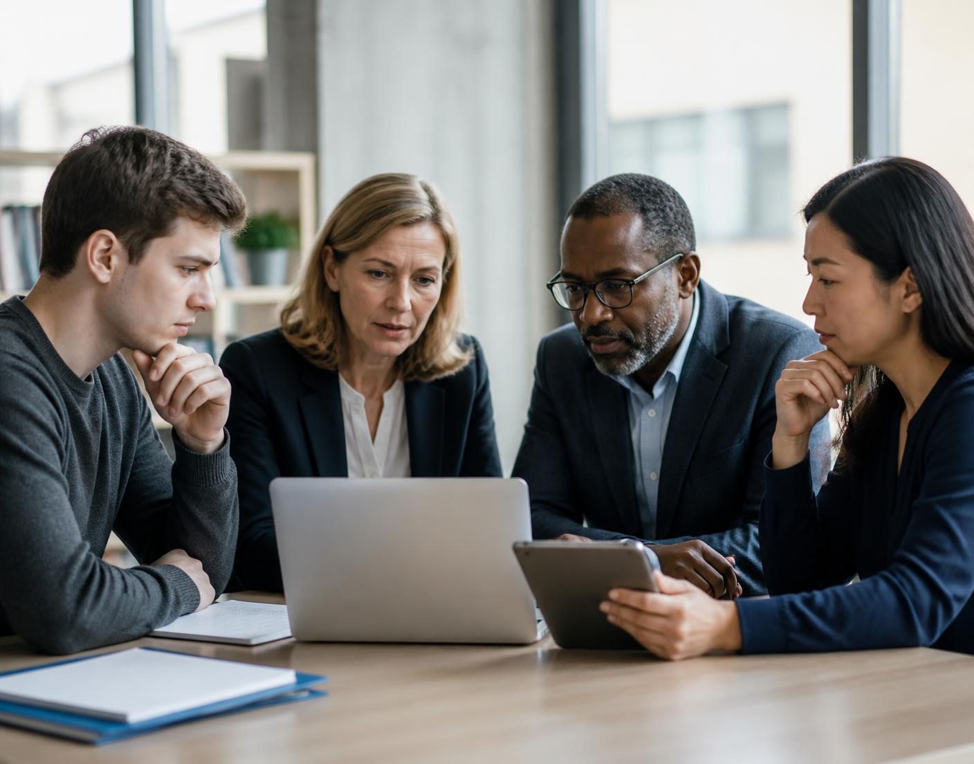 A university-age student and three experienced professionals reviewing an AI-generated career recommendation on a laptop in a modern career centre