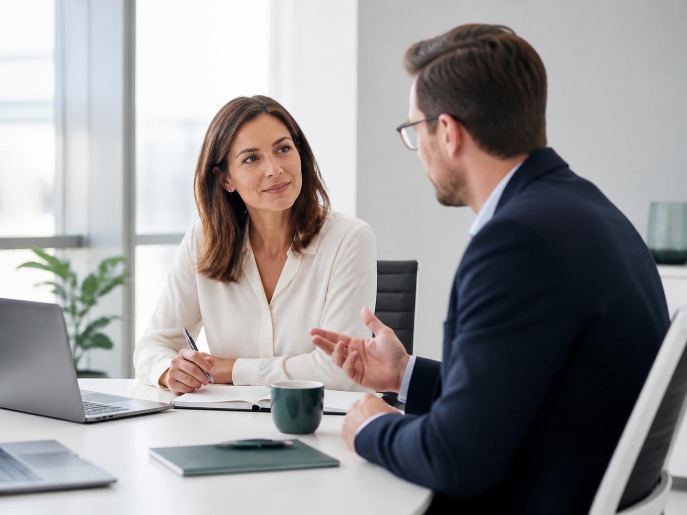 A product leader in conversation with an evaluation strategist in a bright office
